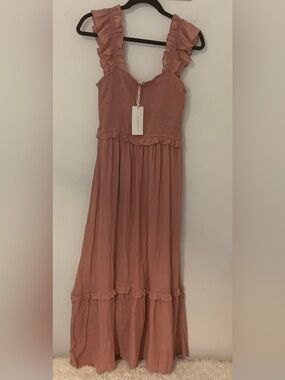 By the River Pink Smocked SunDress Ruffle Womens L Cottagecore Fairy Boho